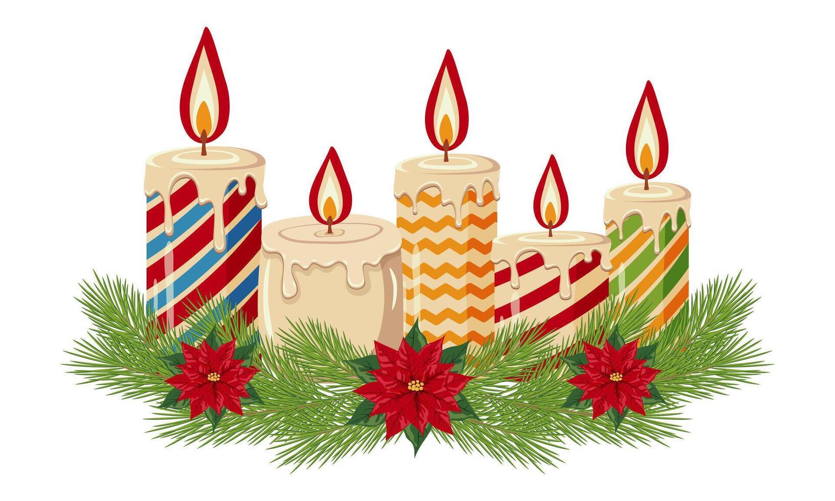 Christmas candles with striped patterns surrounded by pine branches and poinsettia flowers. Festive holiday illustration on white background. Christmas and winter decoration concept. vector