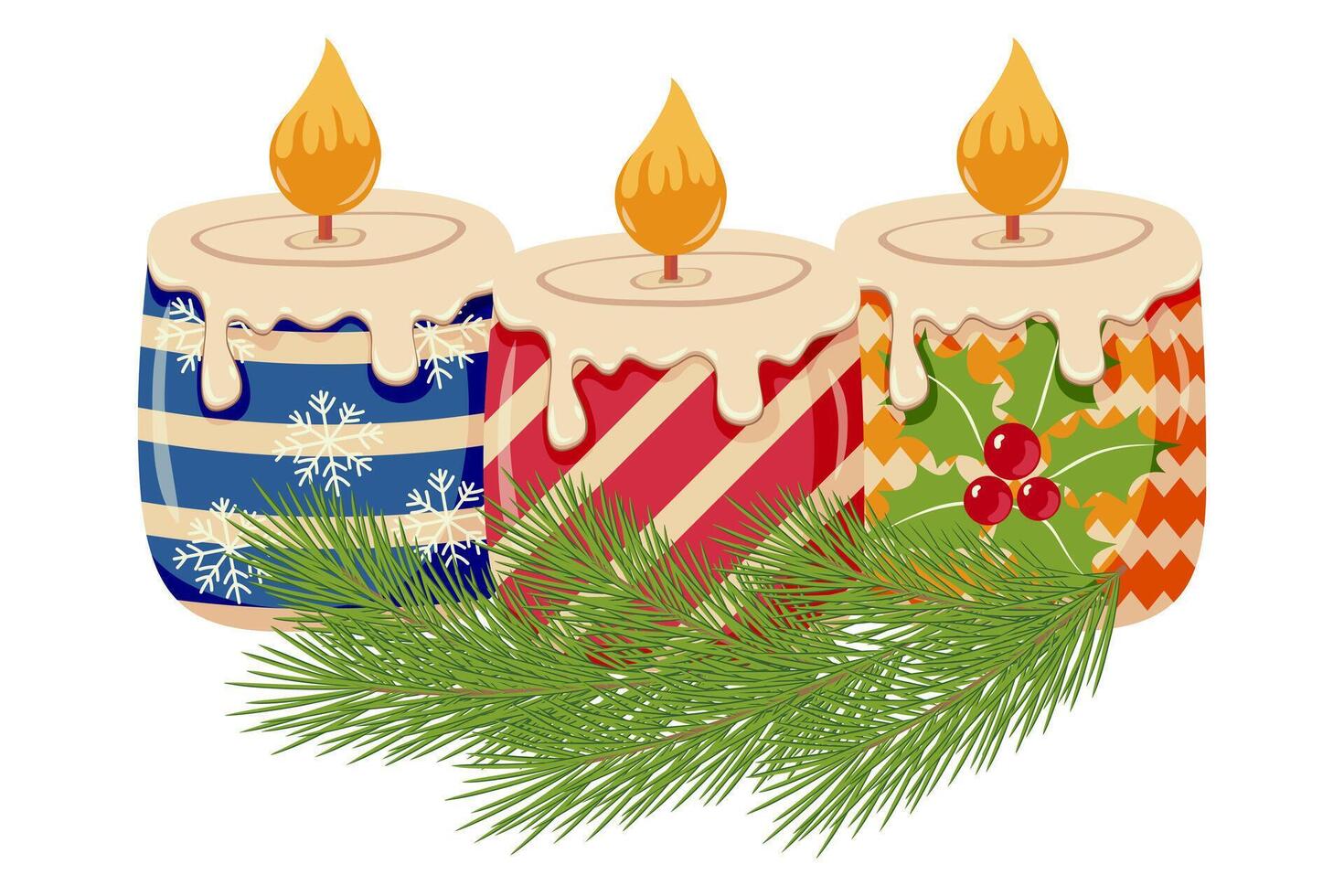 Set of three decorative Christmas or New Year candles with colorful patterns, including snowflakes, stripes, and holly leaves, surrounded by pine branches. Holiday decor and winter celebration concept vector