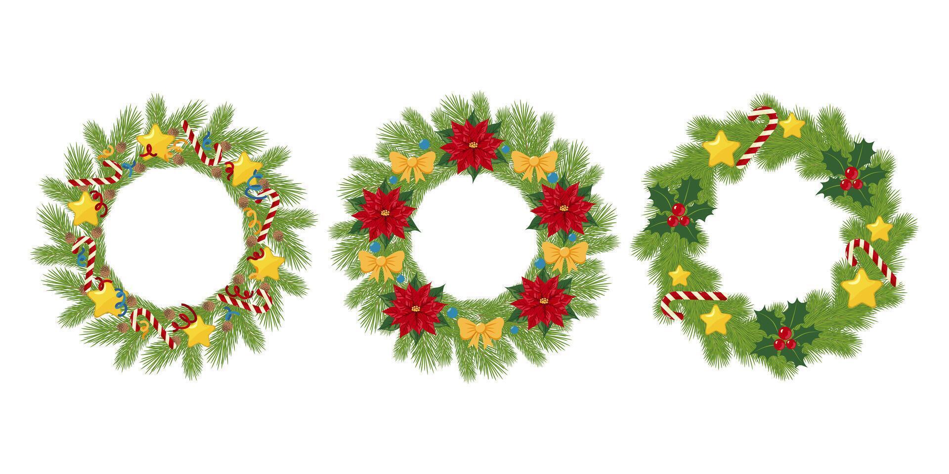 Collection of festive Christmas wreaths adorned with pine branches, red poinsettias, candy canes, golden stars, and holly berries. Design for greeting card, invitation, poster, and banner. vector