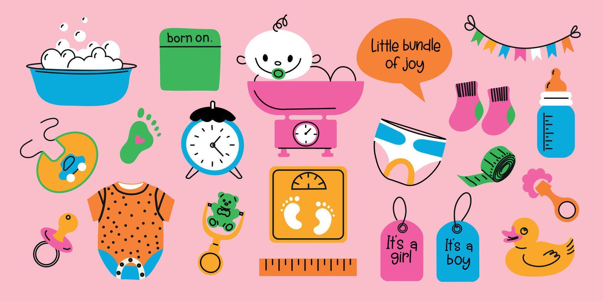 Set baby metric colored elements. Collection newborn hand drawn elements on pink background. Gender party outline icons. Metric, toys, feeding, care and baby accessories. vector