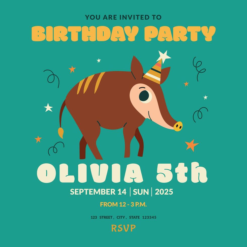Template children's birthday party invitation. 5 year baby shower. Children's birthday card with cute boar. Kid party, social media, online, child photo frame. vector
