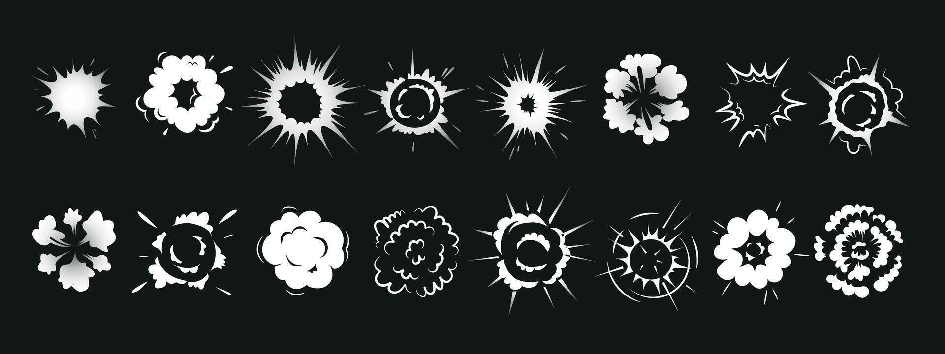 Radial explosive effect. Exploded bomb effect silhouettes set icon. Comic circle burst, round steam cloud, energy explosions, game VFX elements, speed bang power. vector