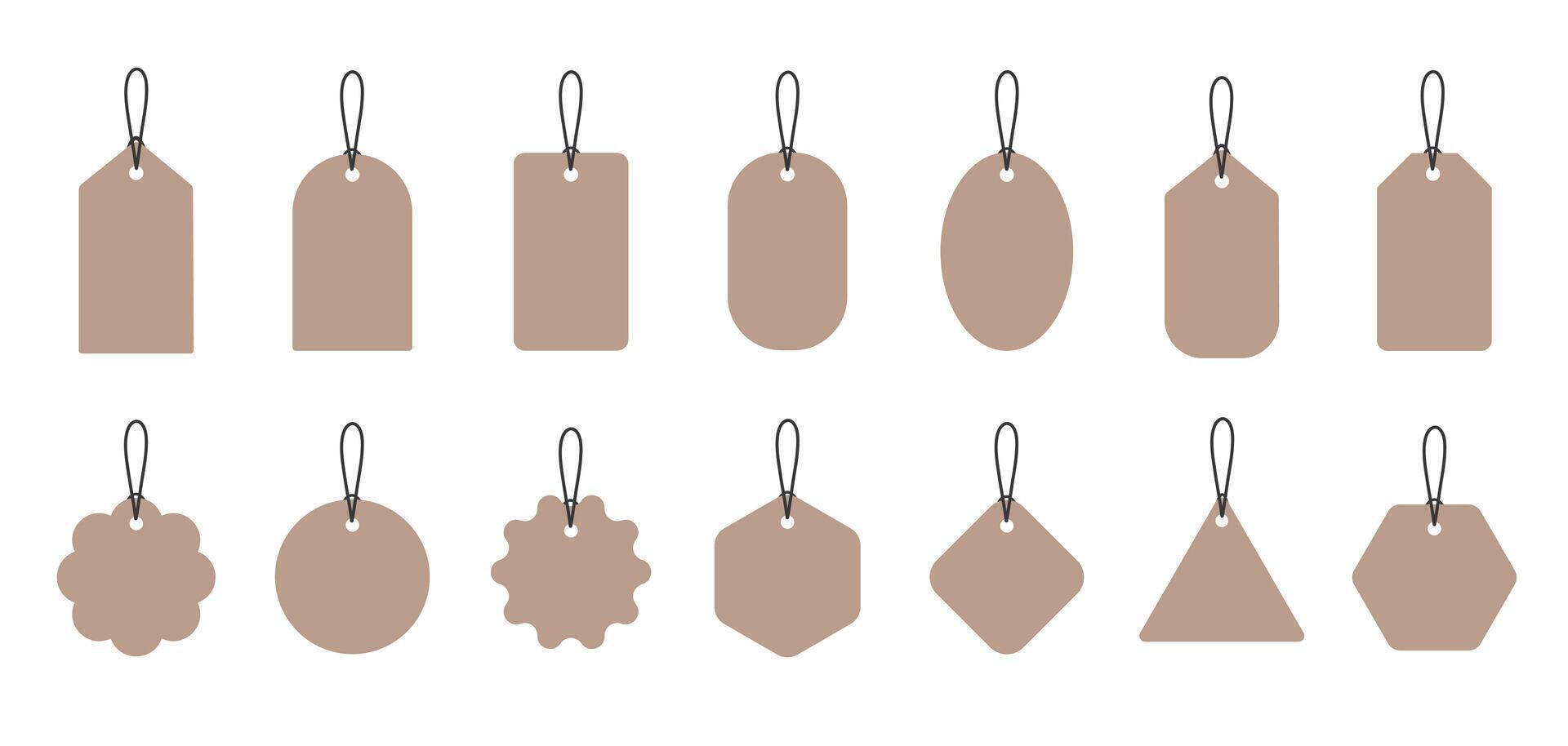 A set of recycled paper price tags on a white background. Cardboard labels with a thread. Gift tags. Blank shopping labels of different shapes. Paper discount tags. vector