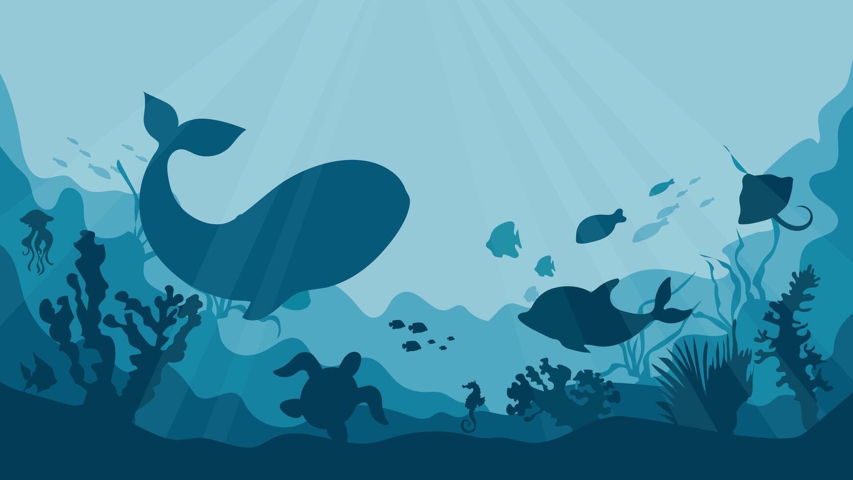 Sea bottom flora and fauna, seafloor world background. Natural undersea world with exotic fish, aquatic coral, ocean plant and algae vector
