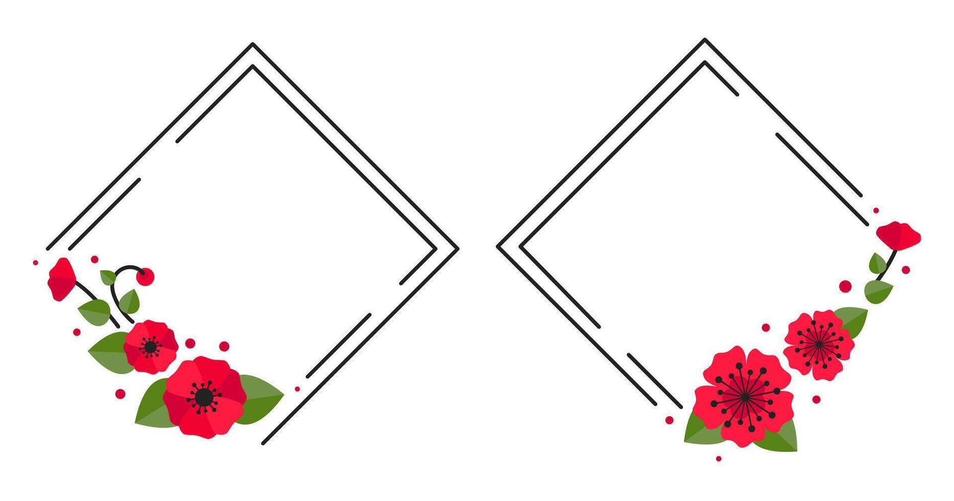 Floral Wreath Frames Set, Heart, Rhombus with Red Flowers for romantic design vector