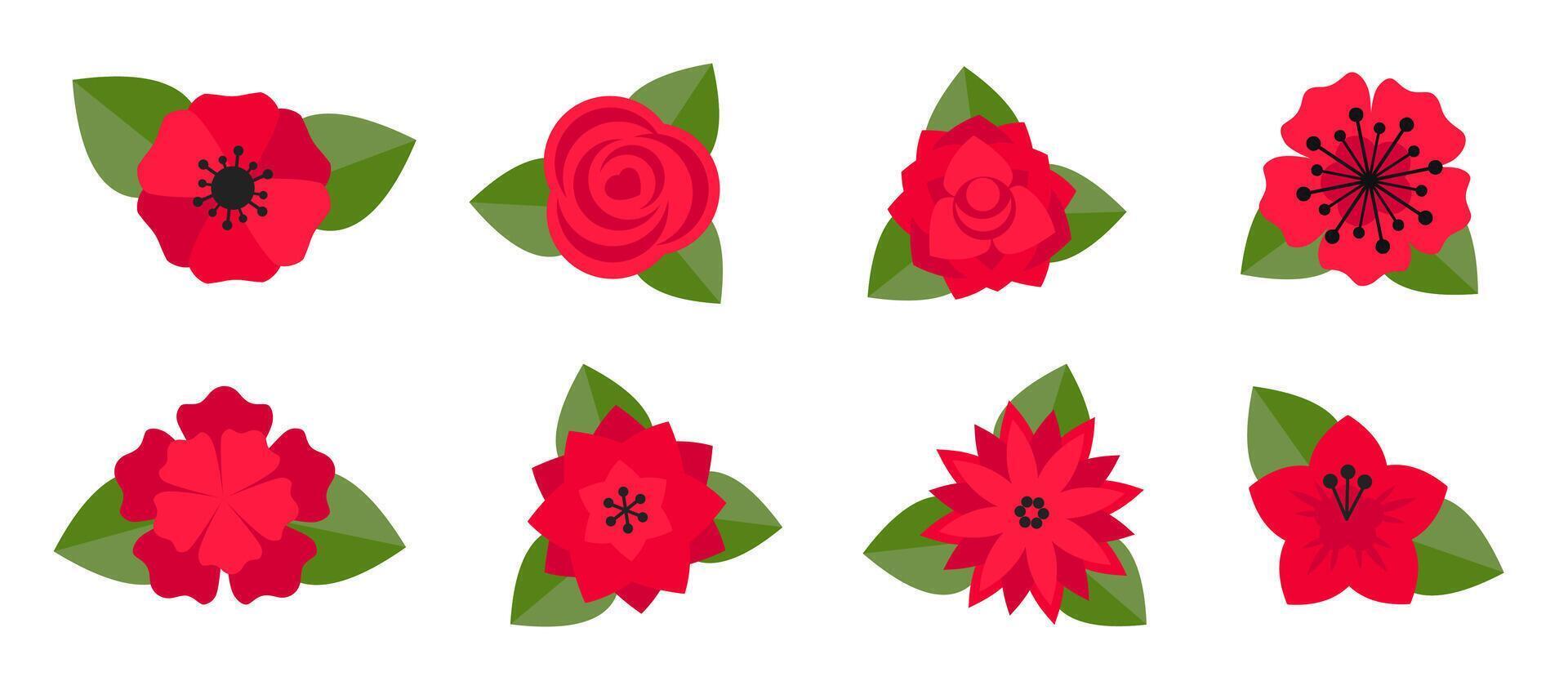 Minimalist Flower Icons, Red Blooms for logo or design elements with Leaves vector