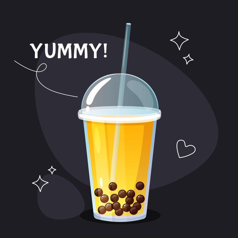 Cold mango bubble tea in takeaway plastic cup vector