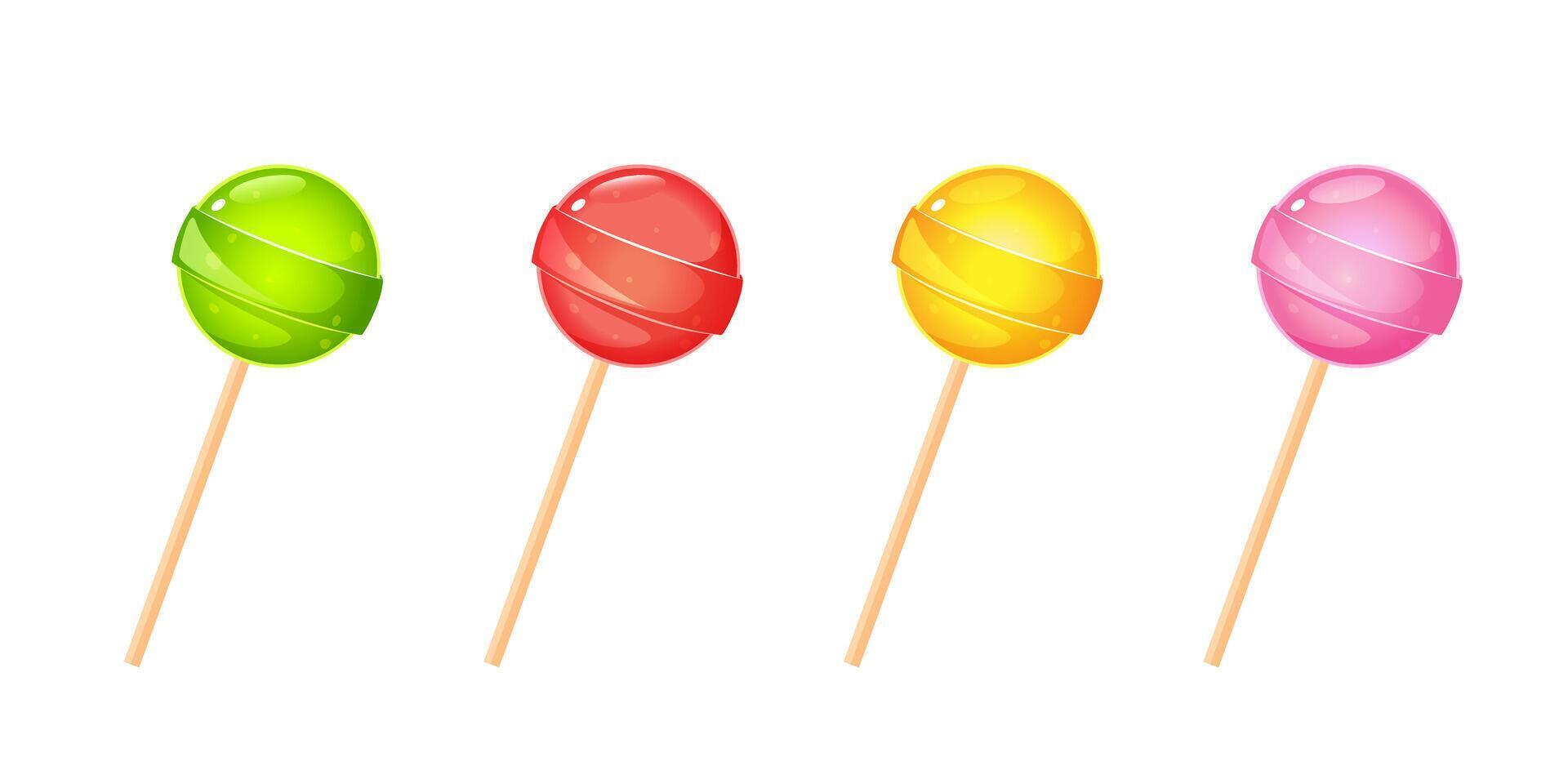 Cartoon sweet rounded lollipops on stick with different fruits flavors. vector