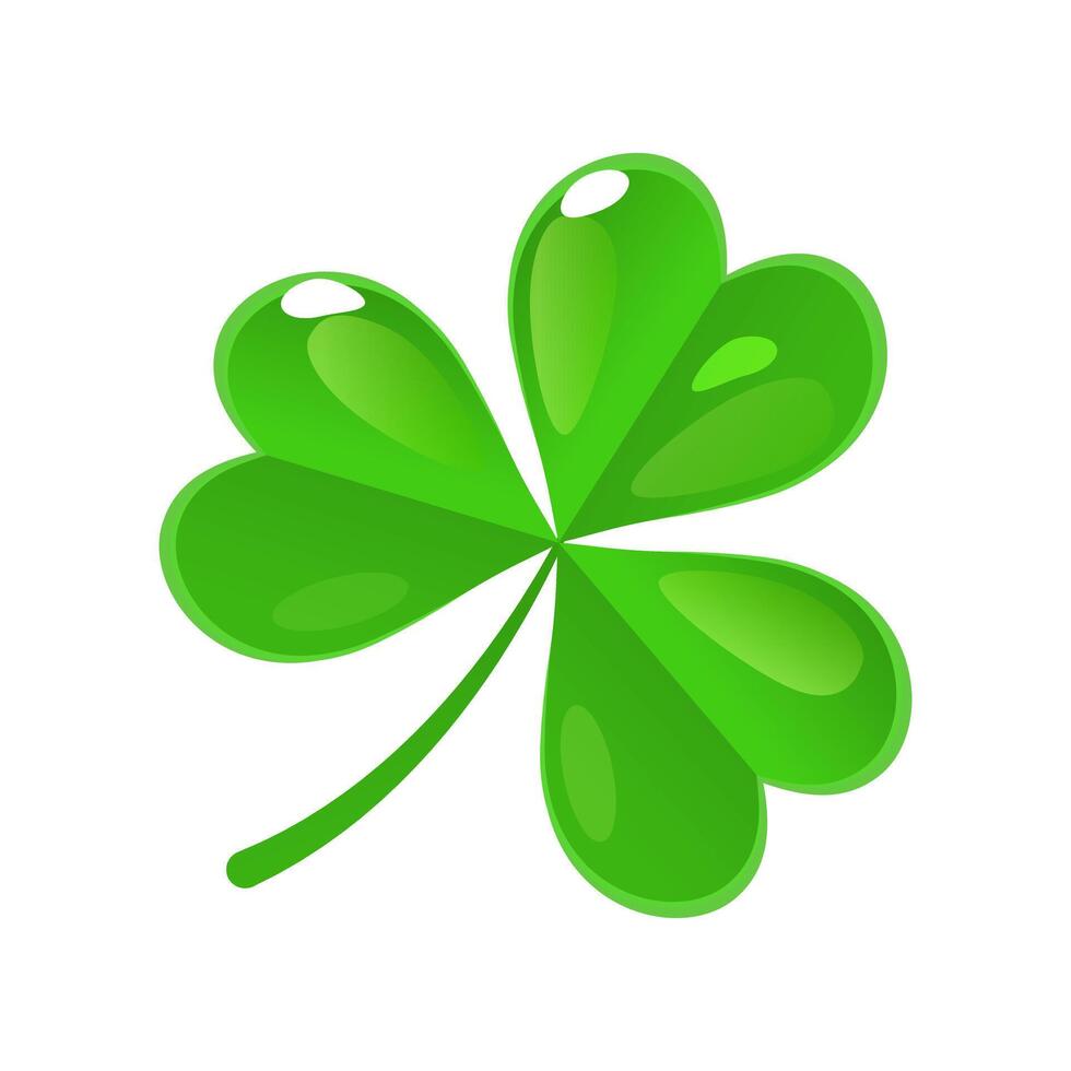 bright green lucky clover with four leafs and sparkles for St. Patricks Day isolated on white background. vector