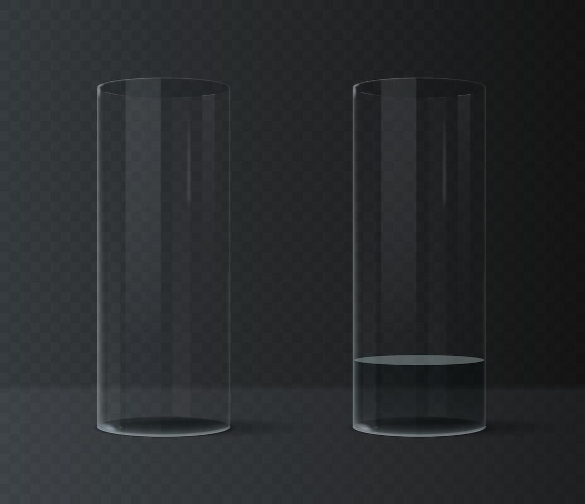 Empty and filled realistic glasses for water, juice or milk isolated on dark background. vector