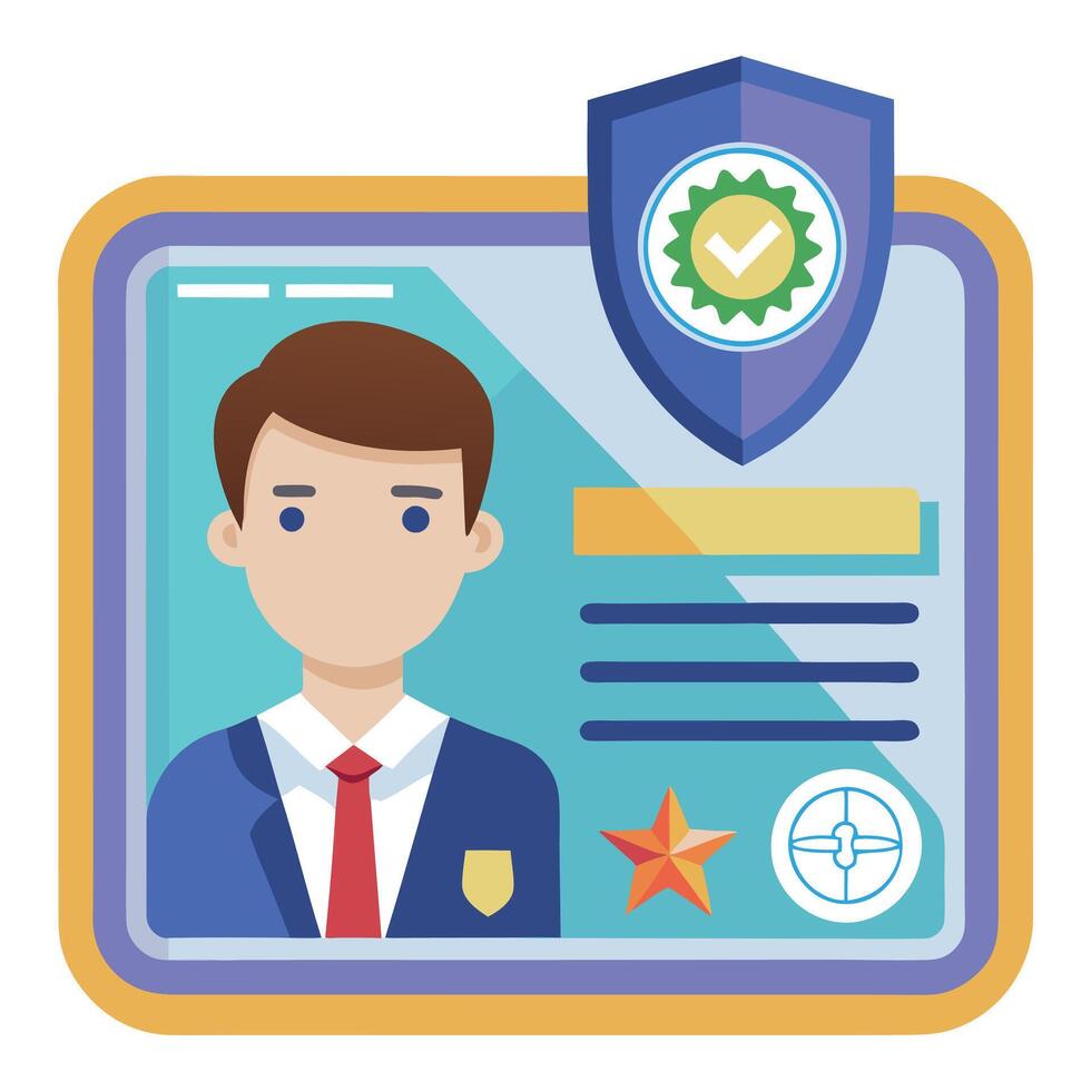 academic and professional ID cards with male avatars, featuring graduation and achievement symbols, highlighting education and professional credentials. vector
