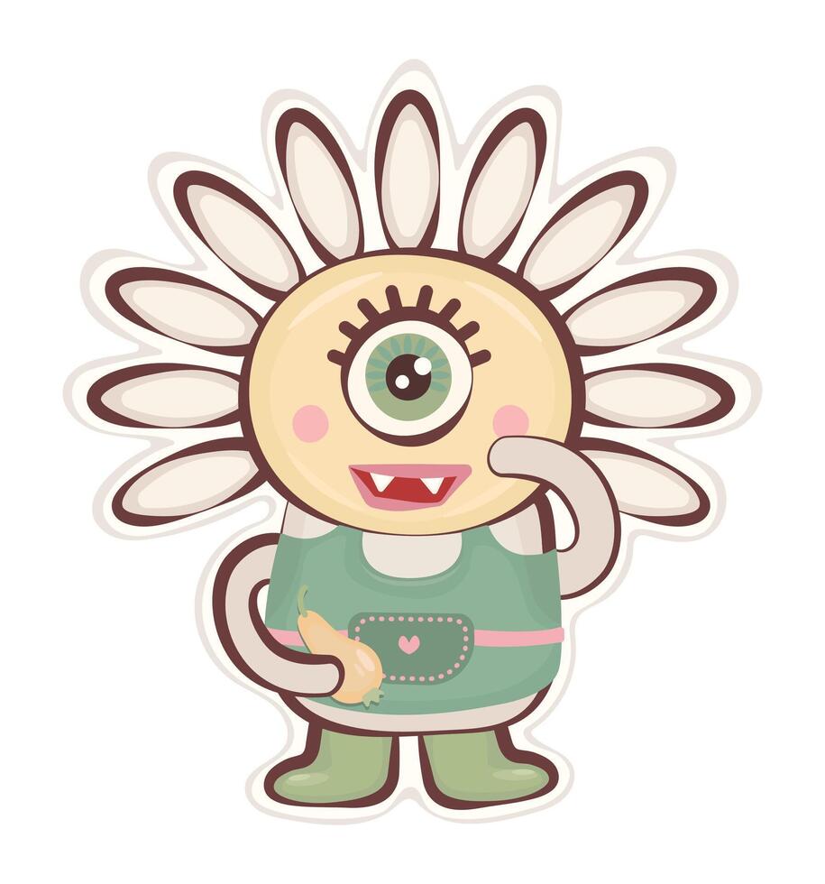 Cute one eyed daisy groovy monster sticker, chamomile character, hippy and trippy avatar, trendy funky illustration vector