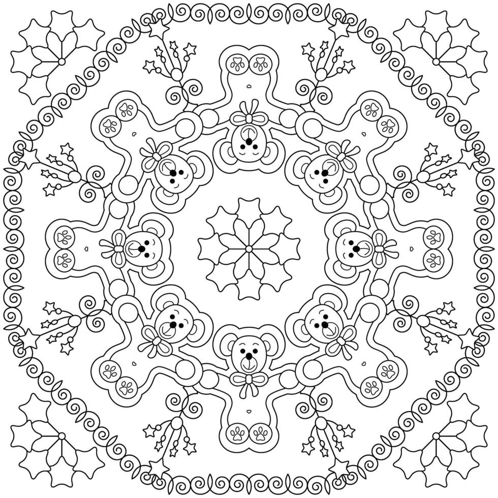 Cute cuddly bear. Tenderness and hugs. Christmas coloring page. vector