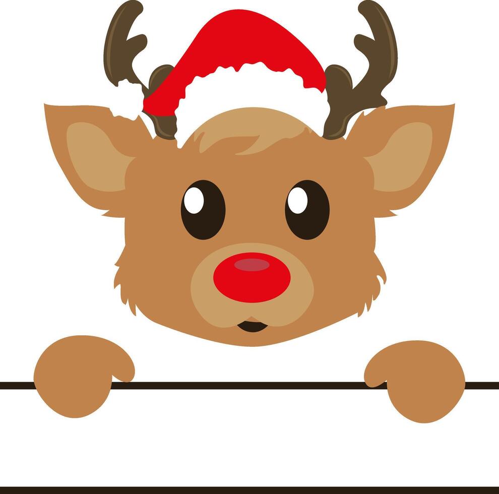 Cartoon reindeer. Cheerful reindeer in a Santa hat. Spirit the holiday and magic. Christmas reindeer. Reindeer face. A funny cute character. Festive design. Little reindeer. vector