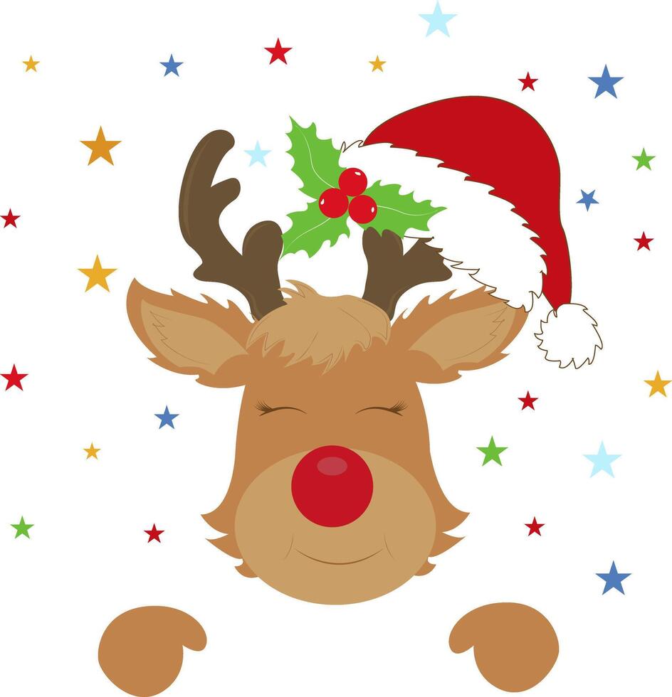 Reindeer in a Santa hat. Reindeer face. Cartoon reindeer. Symbol a festive Christmas fairy tale. A cheerful and friendly character. Winter magic. vector