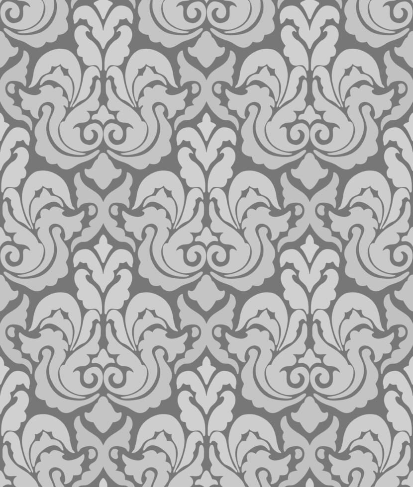 Bold seamless damask design in gray and black with dramatic ornamental and floral symmetry. vector