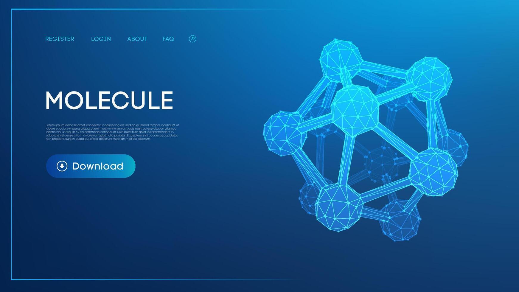 Abstract polygonal molecular network with neon blue highlights and 3D effect on a dark gradient blue background. vector