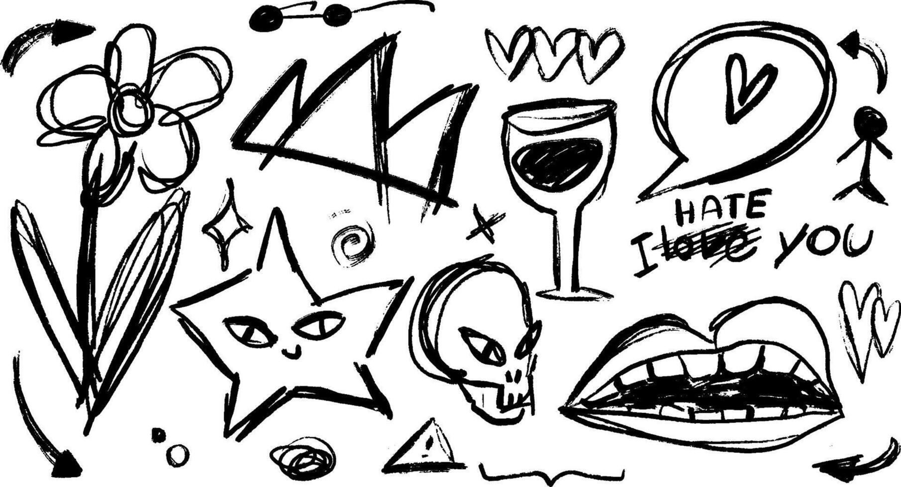 Whimsical set featuring a doodle of a messy flower, star, scull, heart, glass, mouth. Punkstyle design, scratchy lines, stylish doodles. vector