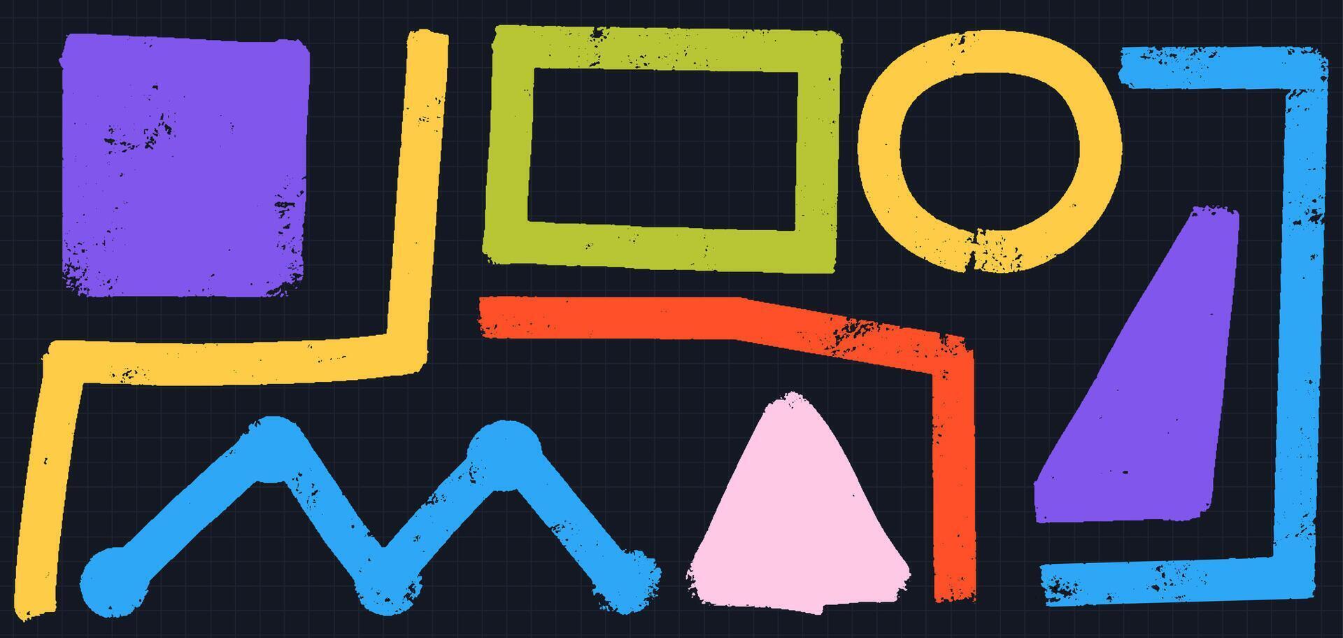 Grunge Ink Lines and Shapes Set. Hand Drawn Graffiti Style Circles, Triangle and Curves in Dynamic Design. vector