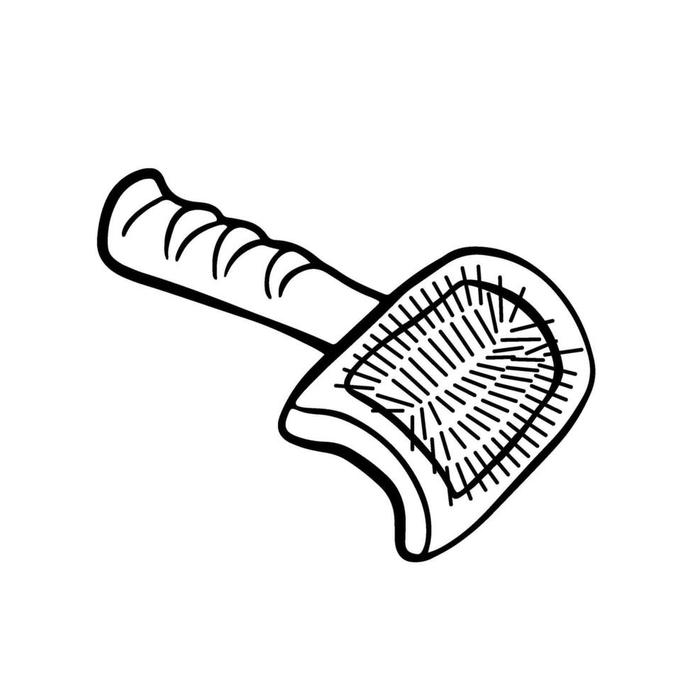 Cat's comb. Fluffer for pet hair. Free hand domestic pet care illustration. Animal grooming. Trendy doodle collection. Sketch style crooked . vector