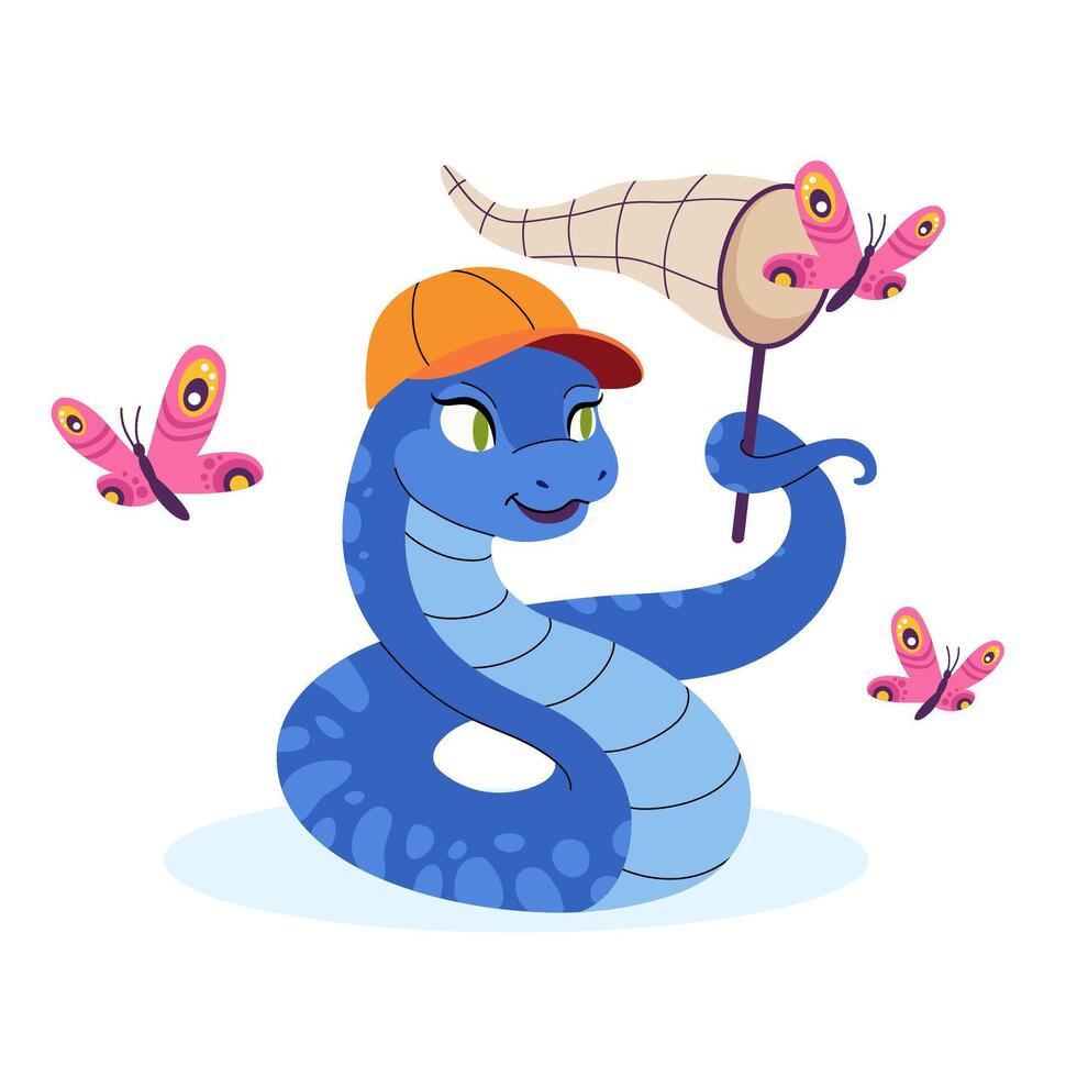 Snake in cap catches butterflies with net. Summer vibe character. Symbol of Chinese New Year. Suitable for greeting card, calendar, packaging. flat illustration. vector
