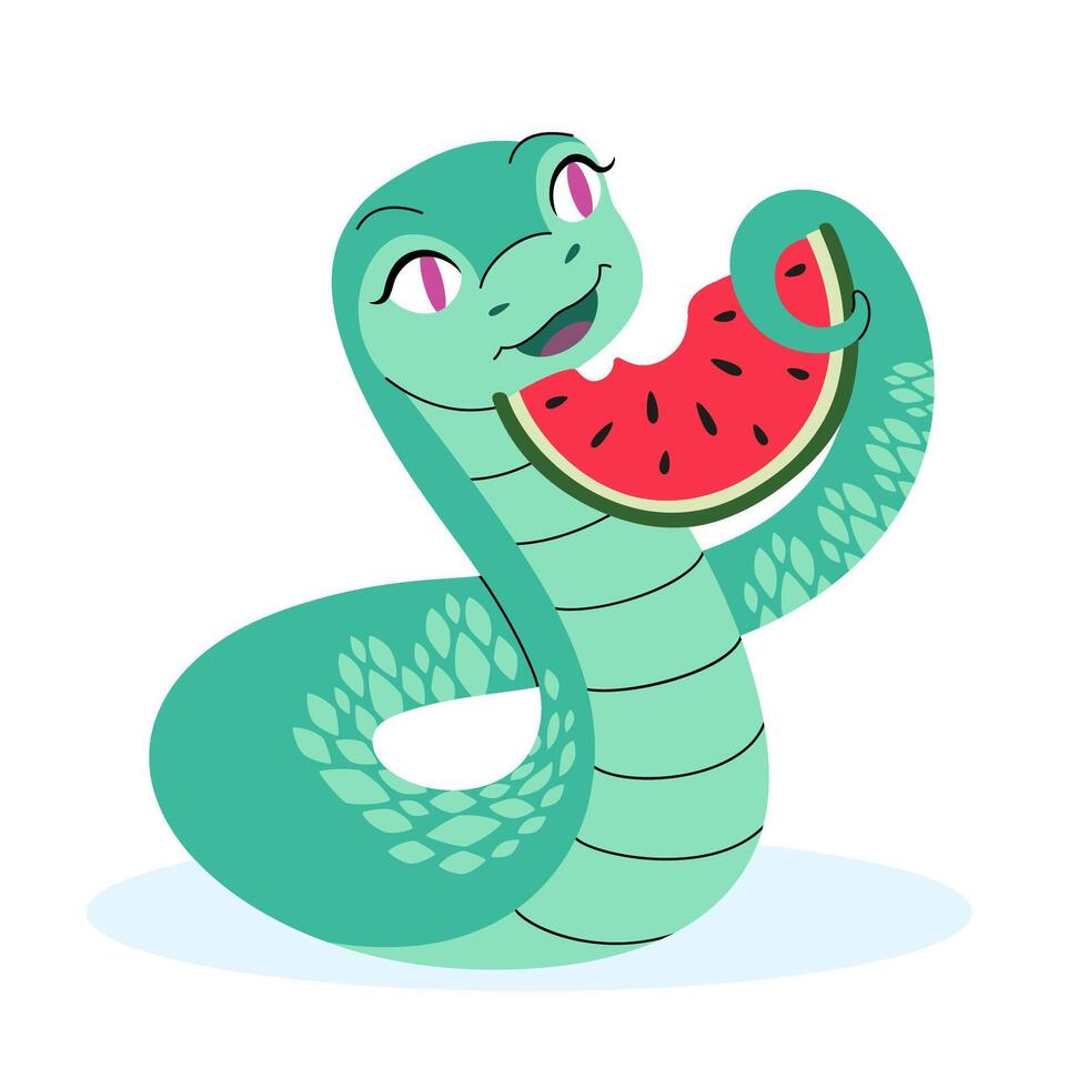 Green Snake with watermelon. Summer vibe character. Symbol of Chinese New Year. Suitable for greeting card, calendar, packaging. flat illustration. vector