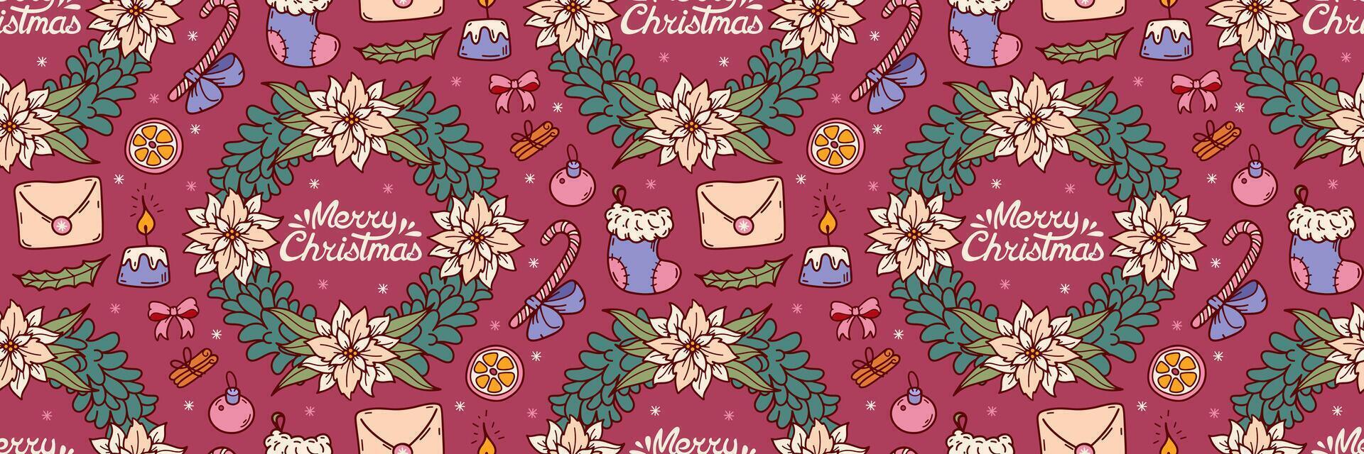 Christmas wreath with fir twigs and white poinsettia pattern. Festive winter red background. Candle, envelope, stocking and lettering doodle illustration. For wrapping paper, packaging. vector