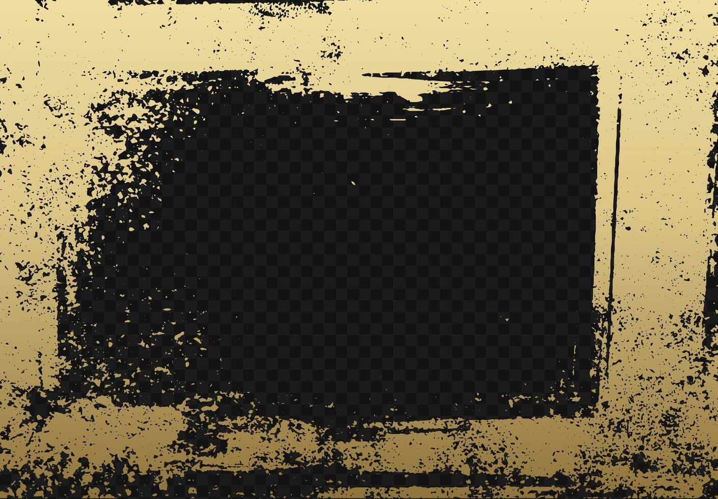 Grunge gold frame with vintage border on textured black background. Abstract brushstroke and foil effect with luxury metallic accents. vector