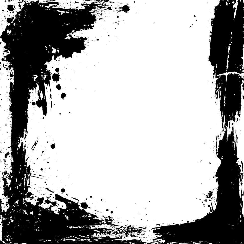 grunge frame with black ink strokes and torn edges on a scratched paper texture. Abstract design featuring vintage, uneven corners and rustic grain. vector