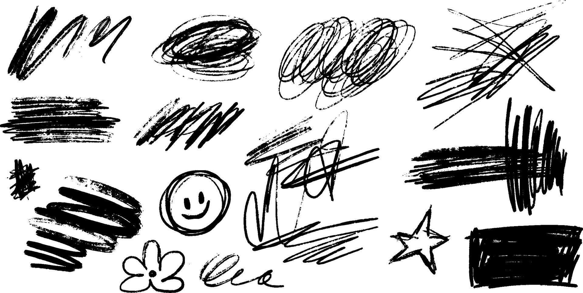 punk art set featuring a messy flower and star scribble. Hand drawn smiley face with a rough texture. Abstract design using crayon and ink elements. vector