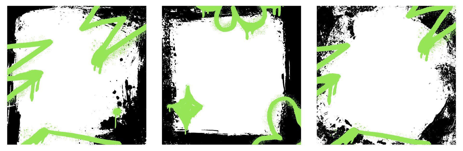 Spray graffiti green element rough paint. abstract frame set with black graphic on grungy paper background. vector