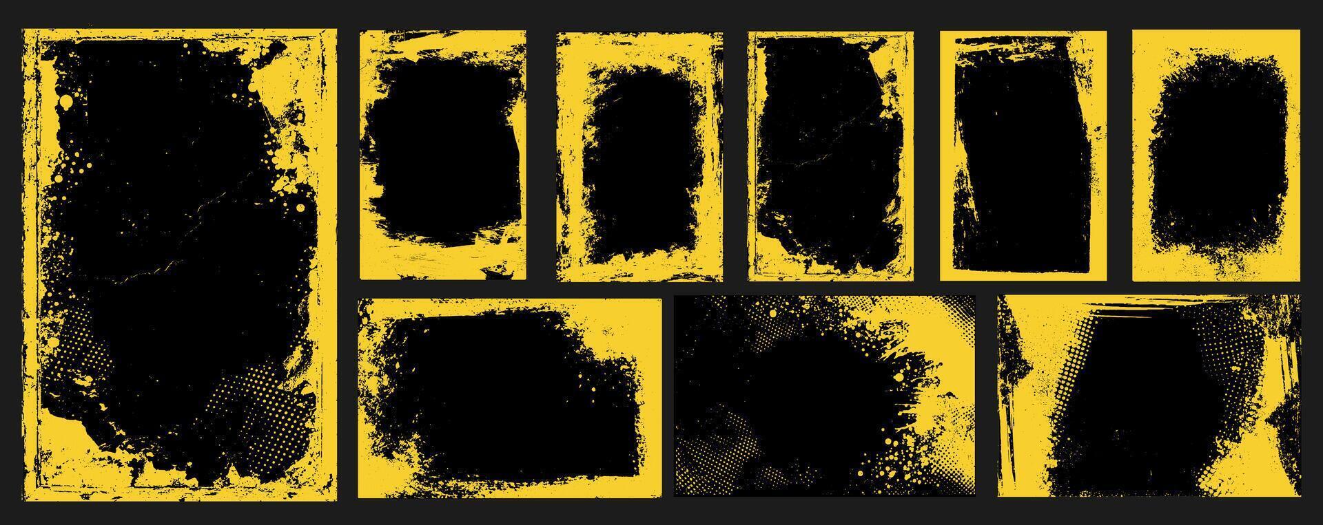 grunge frame with yellow halftone paint splashes and rough brush strokes. Abstract background featuring dark, creative design elements perfect for music event posters. vector