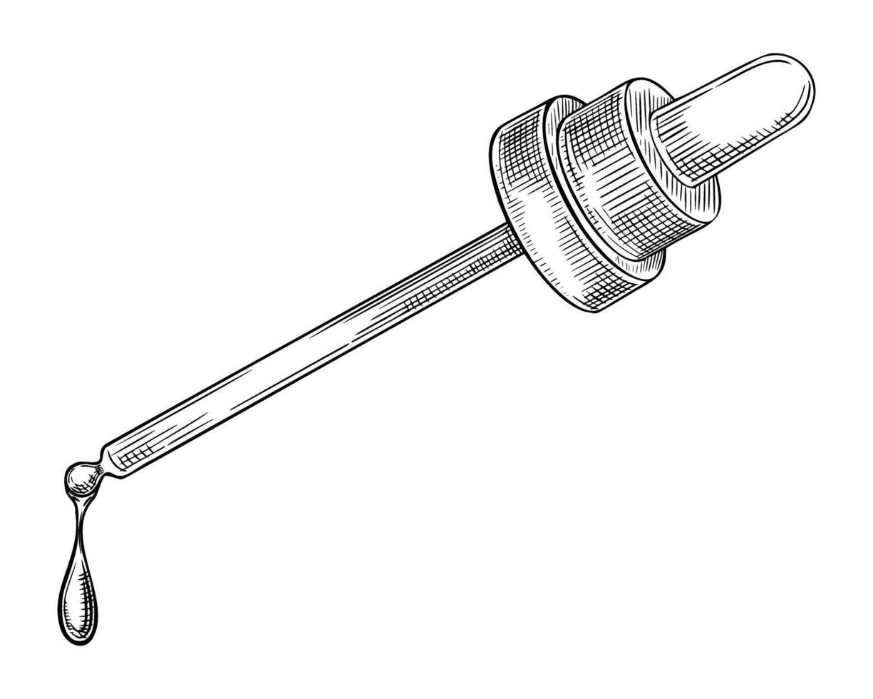Line art of a dropper releasing a liquid droplet. illustration of pipette for medicinal or skincare design. Outline drawing of eyedropper with drop for herbal medicine and aromatherapy. vector