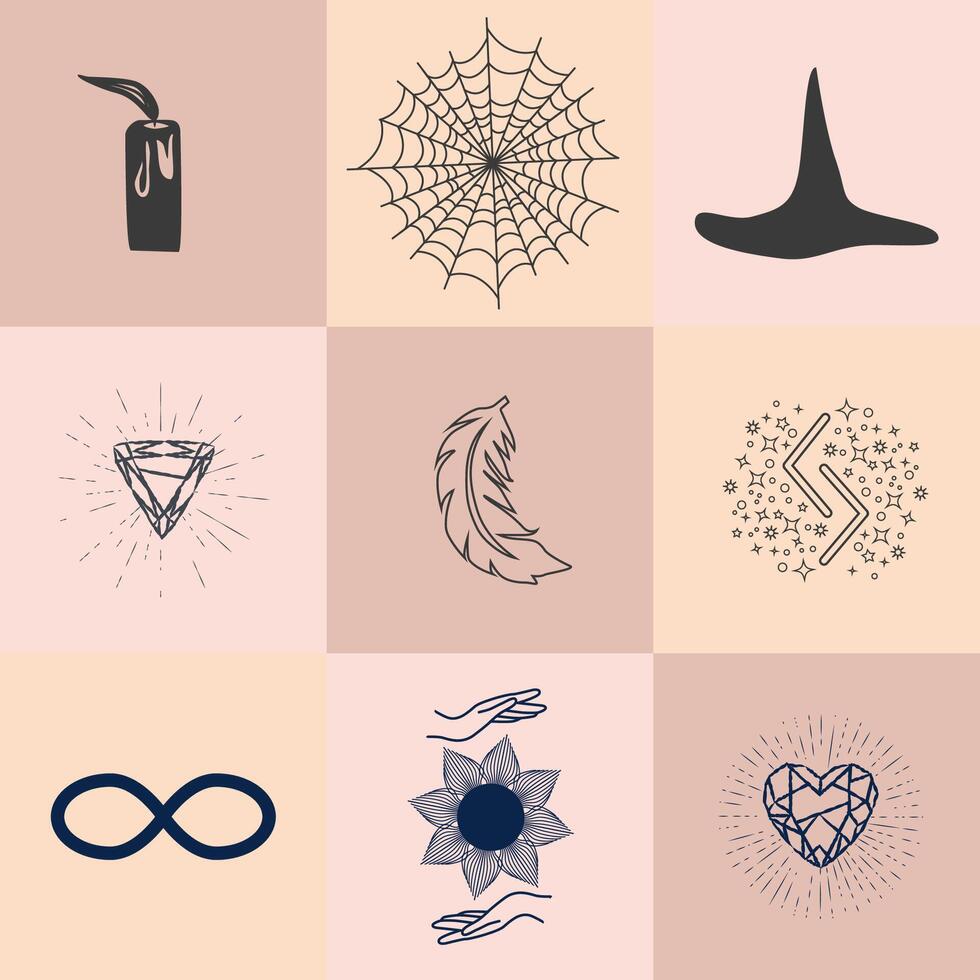 Set of magic symbols, celestial seamless pattern. Astrological, magical and esoteric symbols vector