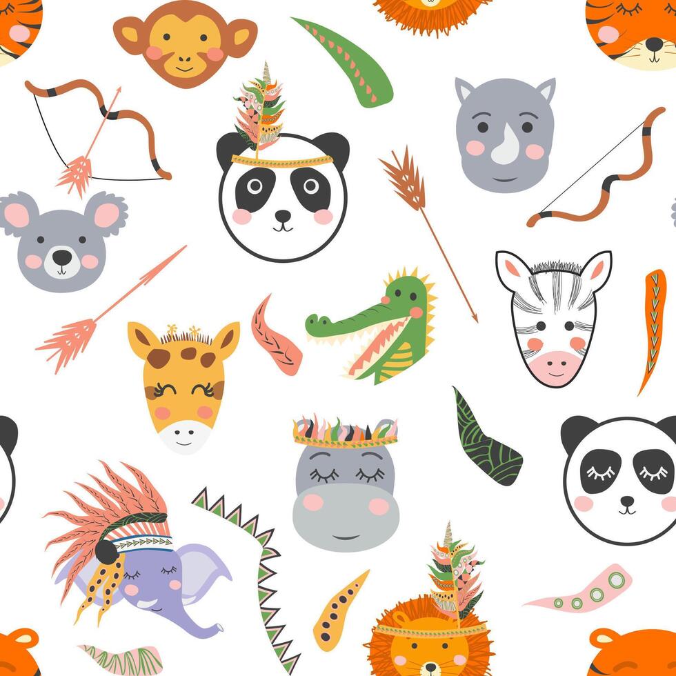 Seamless baby pattern with cute tribal animal faces. Illustration in Scandinavian style, Indians with feathers vector