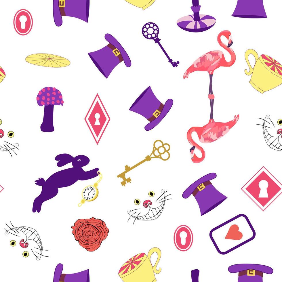 Alice in Wonderland pattern. rabbit, Cheshire cat, flamingo, cards, hat, keys, cup, mushrooms, clock vector