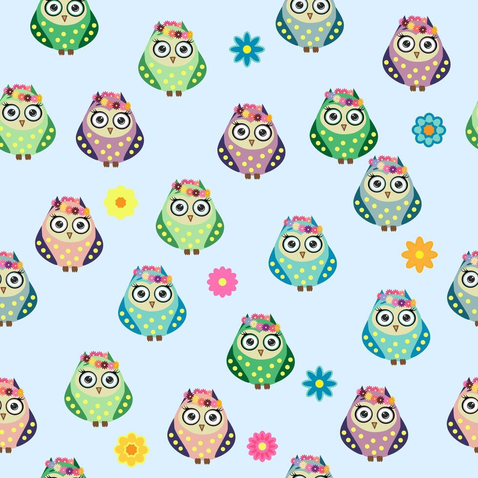 Seamless colorful owl pattern for children with flowers, clouds, branches. vector