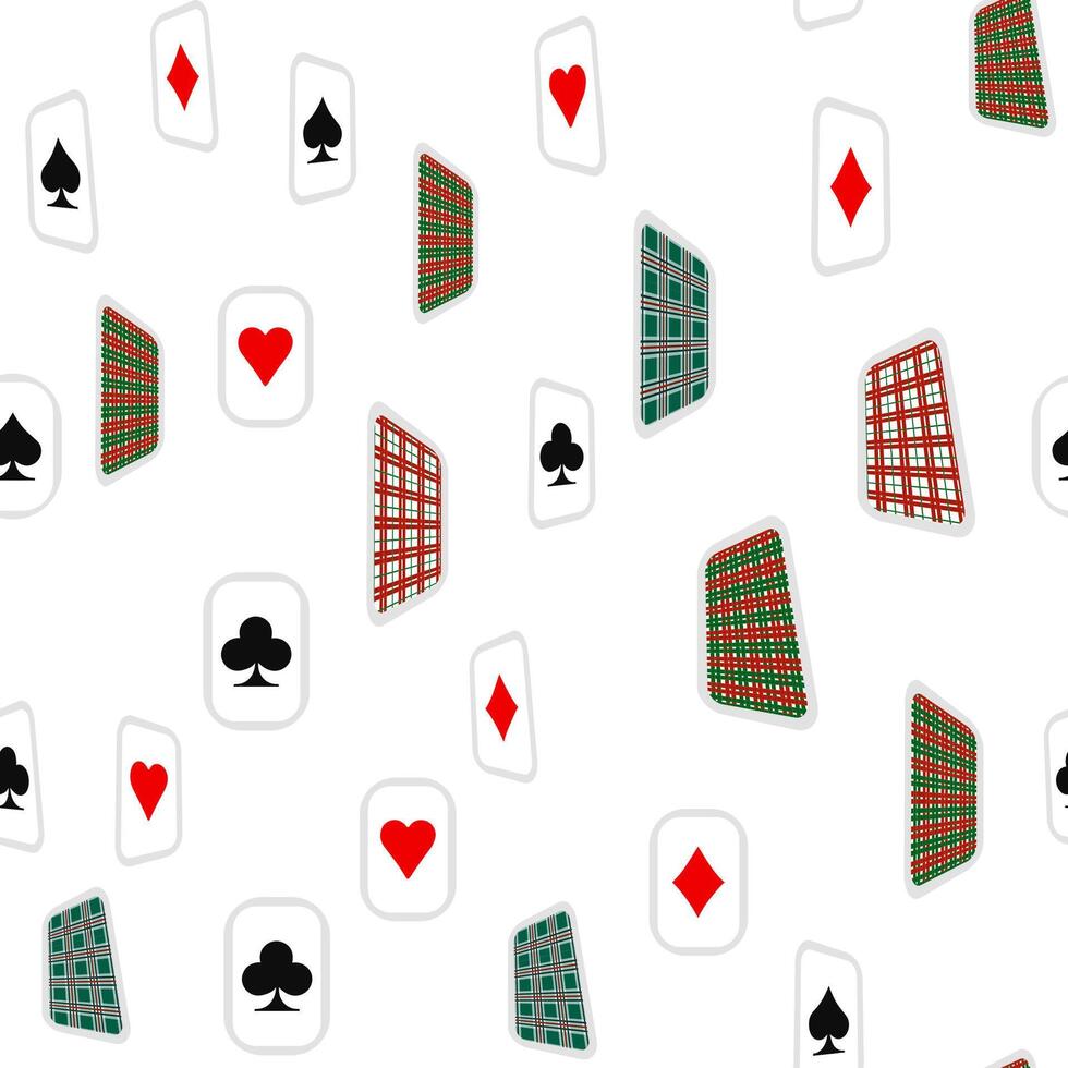 Red, black, golden suits of playing cards seamless pattern. Spades, crosses, diamonds, heart vector