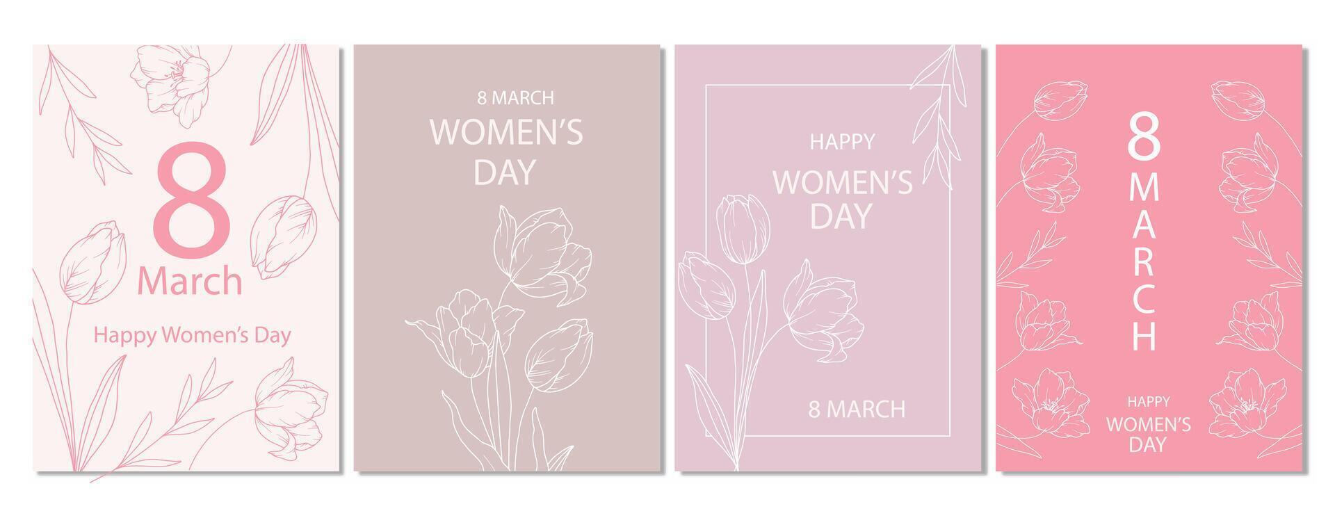 Womens Day Poster template. Set of Floral Posters for 8 March. Flower design Womens Day Greeting Cards. Women Day background Templates with Floral Line Art. vector