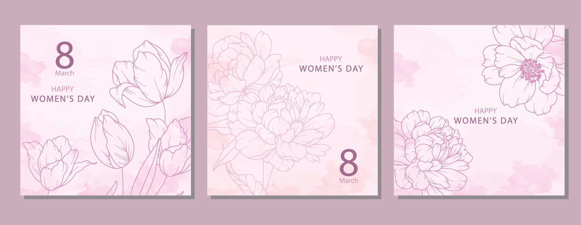 Womens Day Poster. Set of Floral Posters for 8 March. Flower design Womens Day Greeting Cards. Women Day background Templates with Pink Floral Line Art. vector