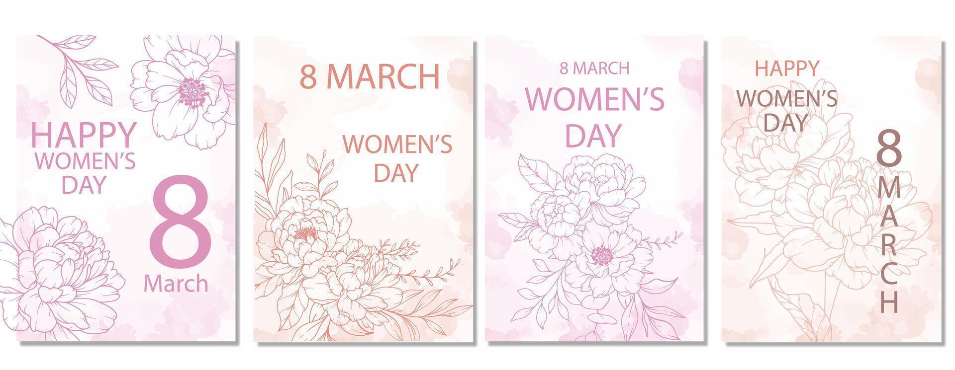 Womens Day Poster for 8 March. Set of Floral Posters for 8 March. Flower design Womens Day Greeting Cards. Women Day background Templates with Floral Line Art. vector