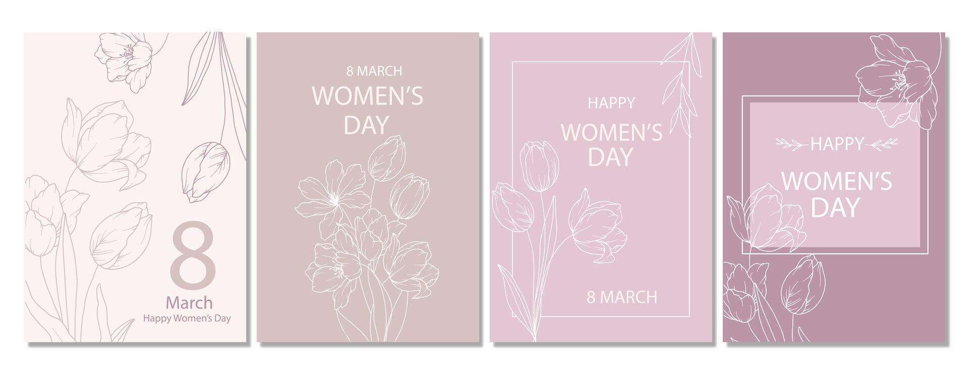 Womens Day Poster. Set of Pink Floral Posters for 8 March. Flower design Womens Day Greeting Cards. Women Day background Templates with Floral Line Art. vector
