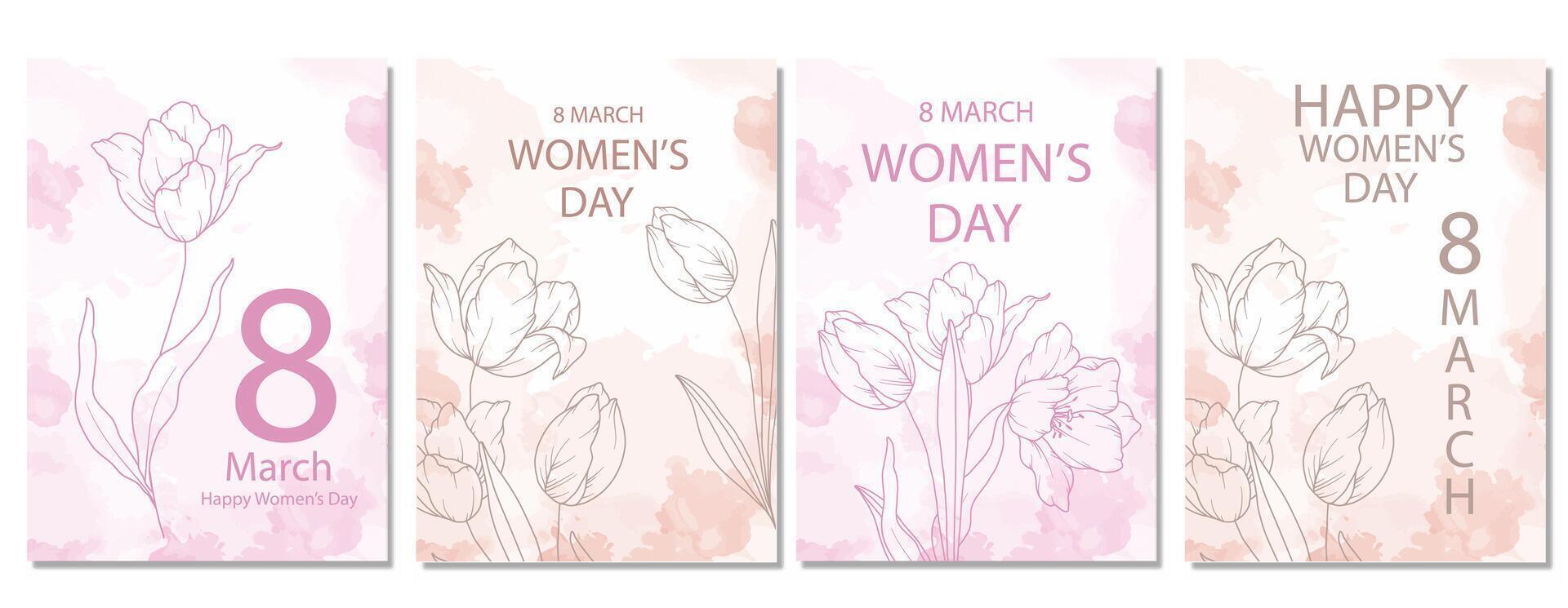 Trendy Womens Day Poster. Set of Floral Posters for 8 March. Flower design Womens Day Greeting Cards. Women Day background Templates with Floral Line Art. vector