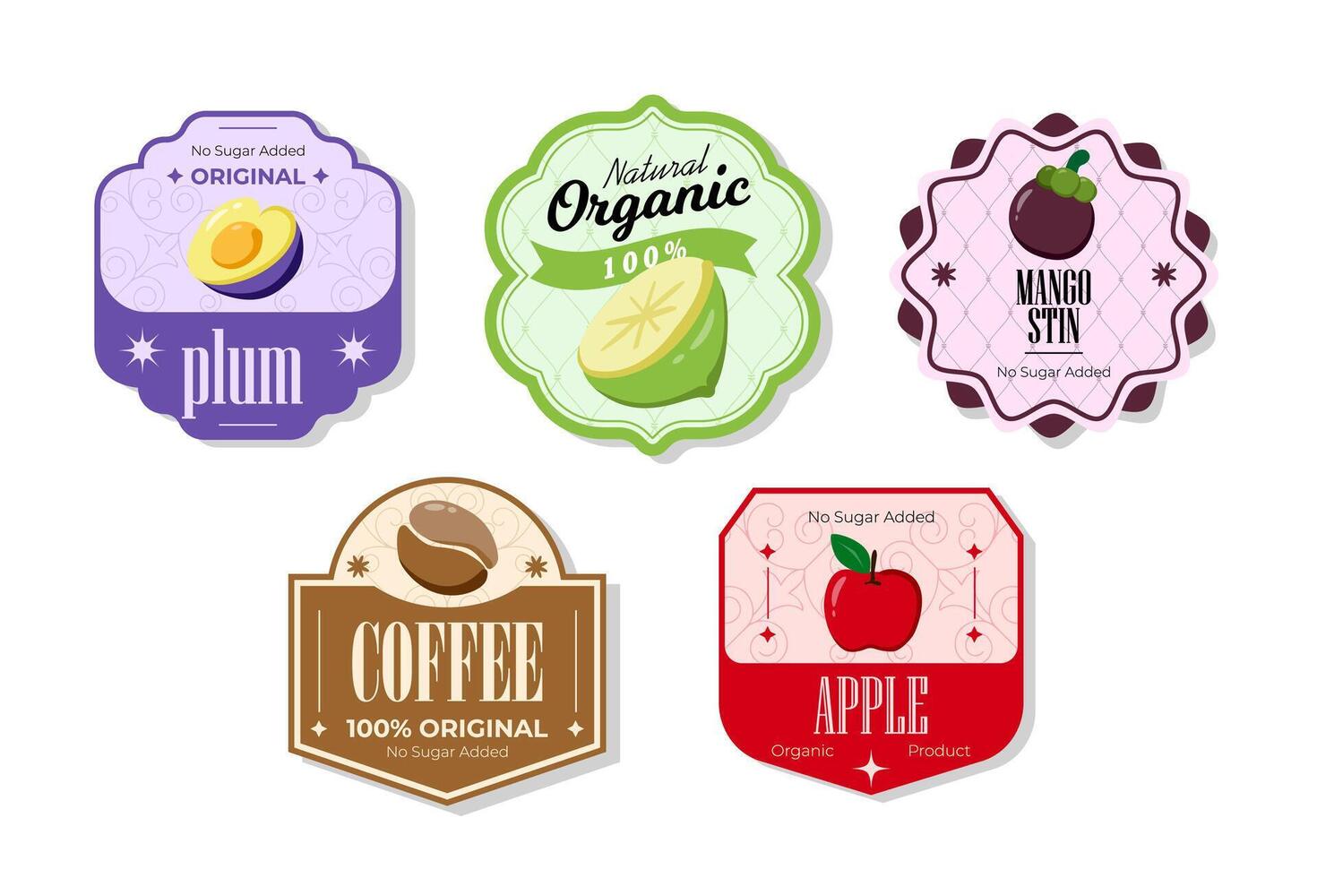 Retro fruits banner and labels. Different juices stickers. Packaging tags with apple, coffee, mangostin, plum. Set of seasonal fruits labels stickers and marks or badges template for packaging vector