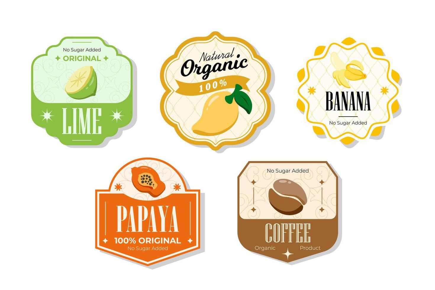 Retro fruits banner and labels. Different juices stickers. Packaging tags with coffee, papaya, banana, lime. Set of seasonal fruits labels stickers and marks or badges template for packaging vector
