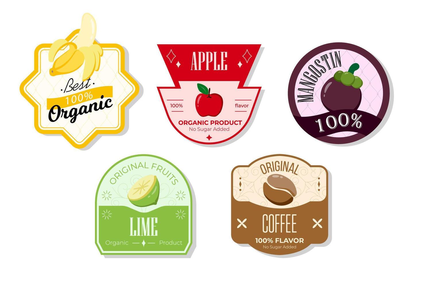 Retro fruits banner and labels. Different juices stickers. Packaging tags with lime, coffee, mangostin, apple. Set of seasonal fruits labels stickers and marks or badges template for packaging vector
