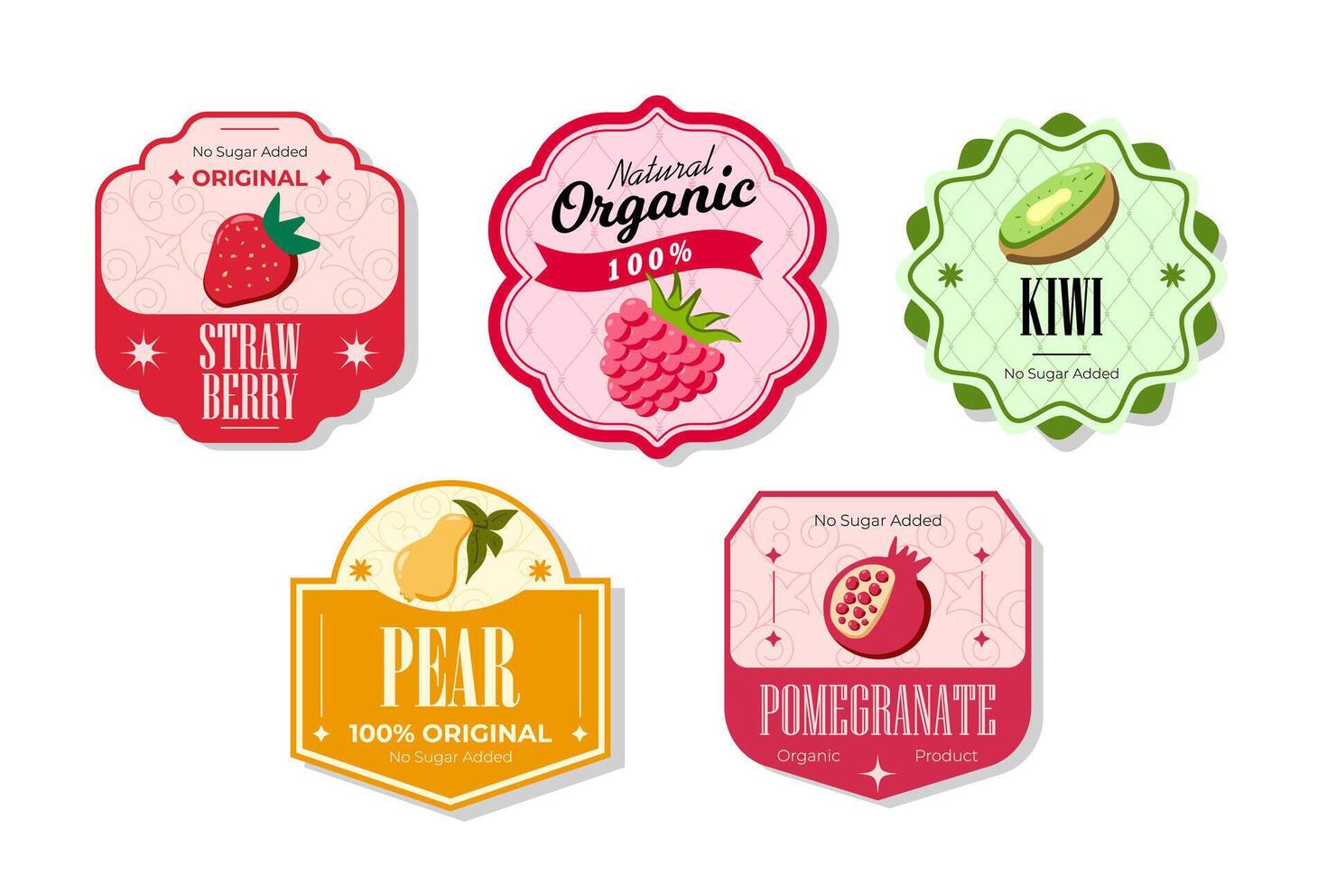 Retro fruits banner and labels. Different juices stickers. Packaging tags with kiwi pomegranate, strawberry, aspberry. Set of seasonal fruits labels stickers and marks or badges template for packaging vector
