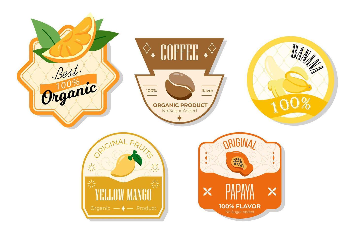 Retro fruits banner and labels. Different juices stickers. Packaging tags with yellow mango, papaya, banana, coffee. Set of seasonal fruits labels stickers and marks or badges template for packaging vector