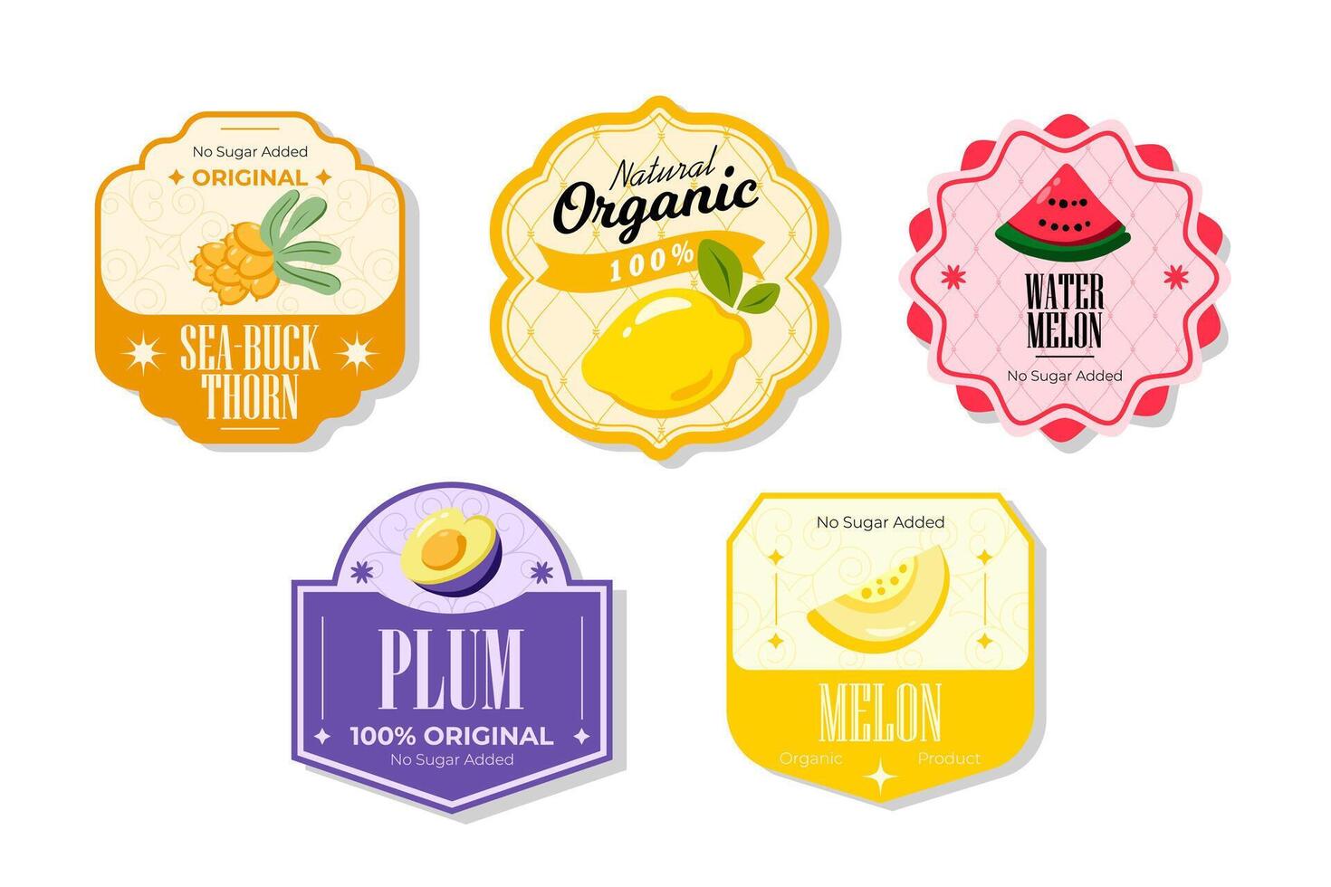 Retro fruits banner and labels. Different juices stickers. Packaging tags with watermelon, plum, melon, seabuckthron. Set of seasonal fruits labels stickers and marks or badges template for packaging vector
