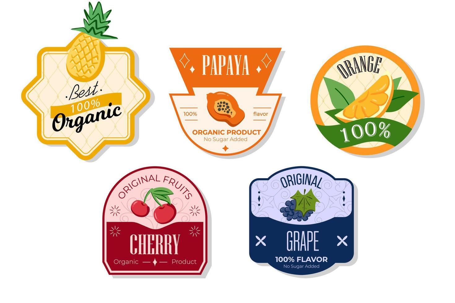 Retro fruits banner and labels. Different juices stickers. Packaging tags with papaya, orange, cherry, grape. Set of seasonal fruits labels stickers and marks or badges template for packaging vector